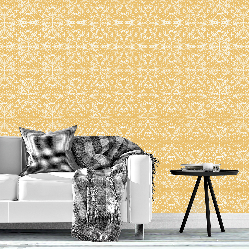 Farmhouse Country Ginger Yellow with White Floral Doodles Wallpaper