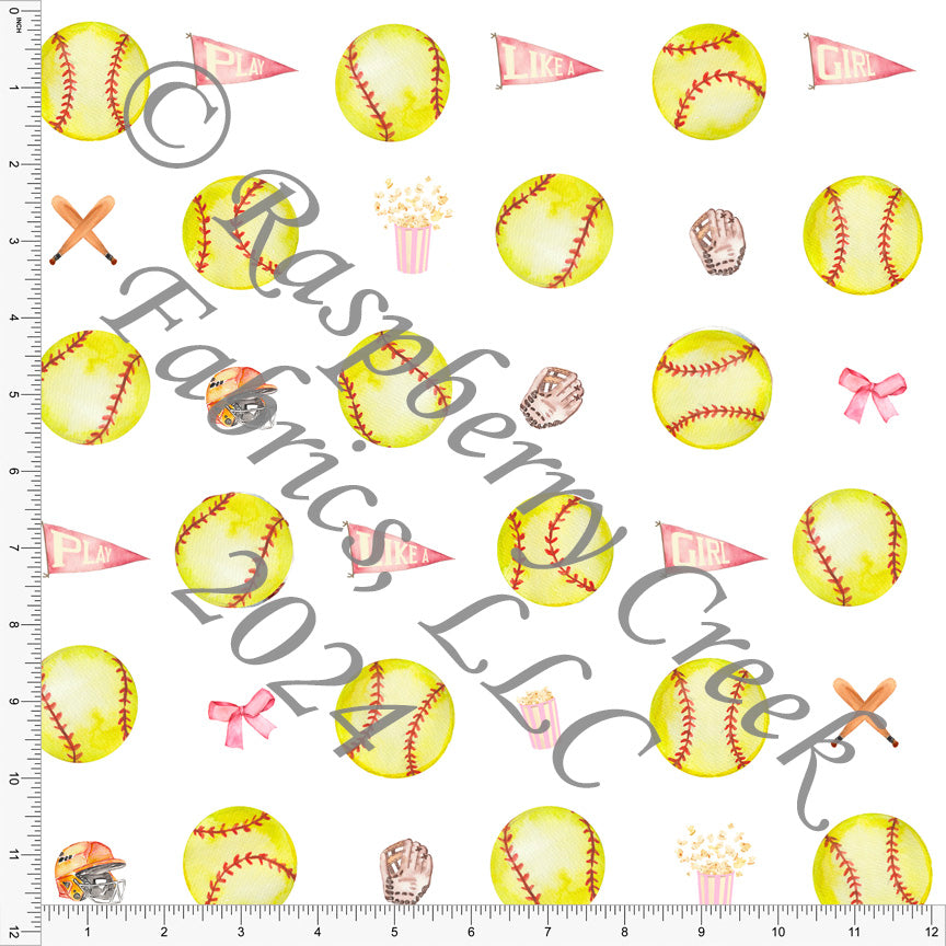 Bright Yellow Pink Brown and Red Play Ball Softball Fabric, Ball Game by Bri Powell for CLUB Fabrics