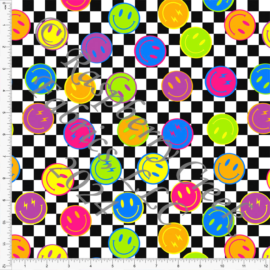 Black Bright Green Lipstick Pink Neon Yellow Orange and Blue Smile Checker Print Fabric, Bright by Brittney Laidlaw for Club Fabrics