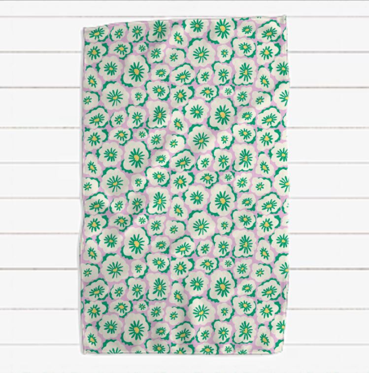 Green Yellow and Pink Vine and Floral Towels, Set of Two