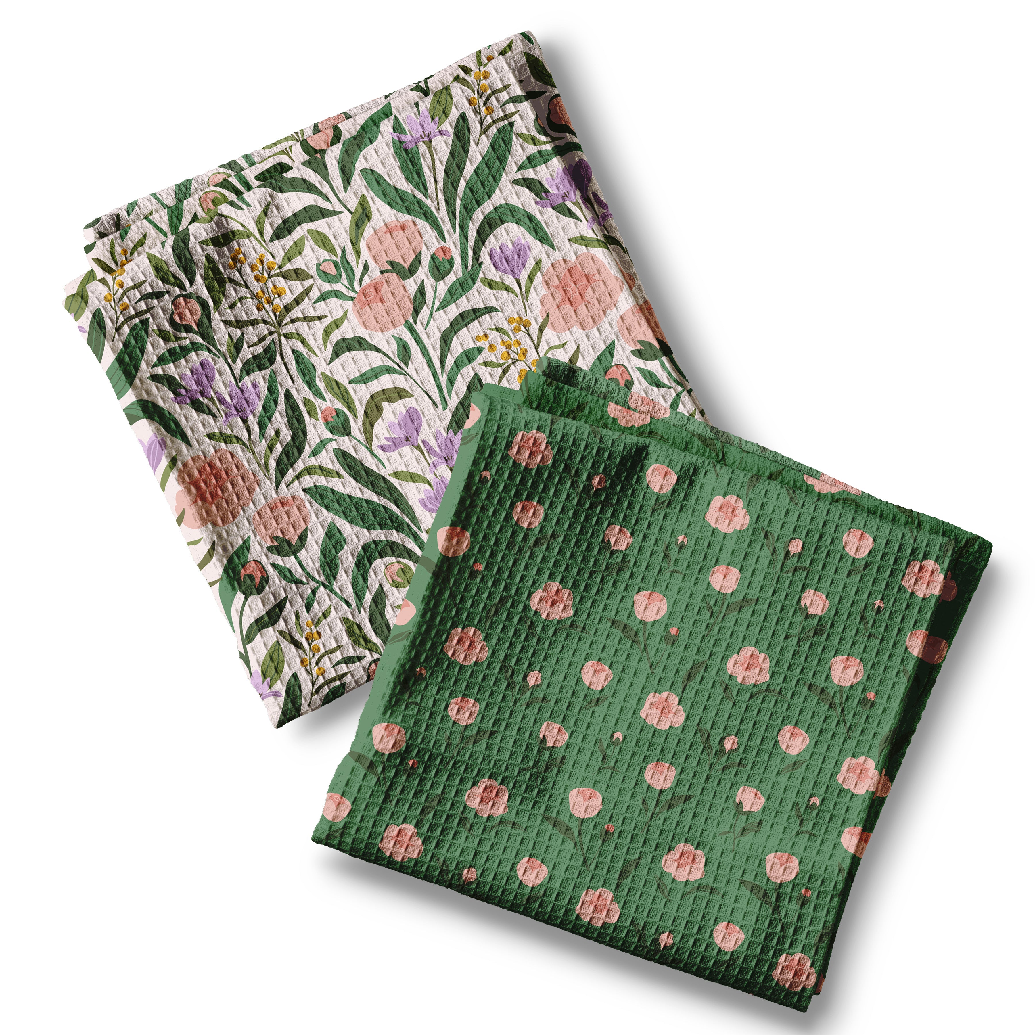 Green Pink and Purple Floral, Set of Two