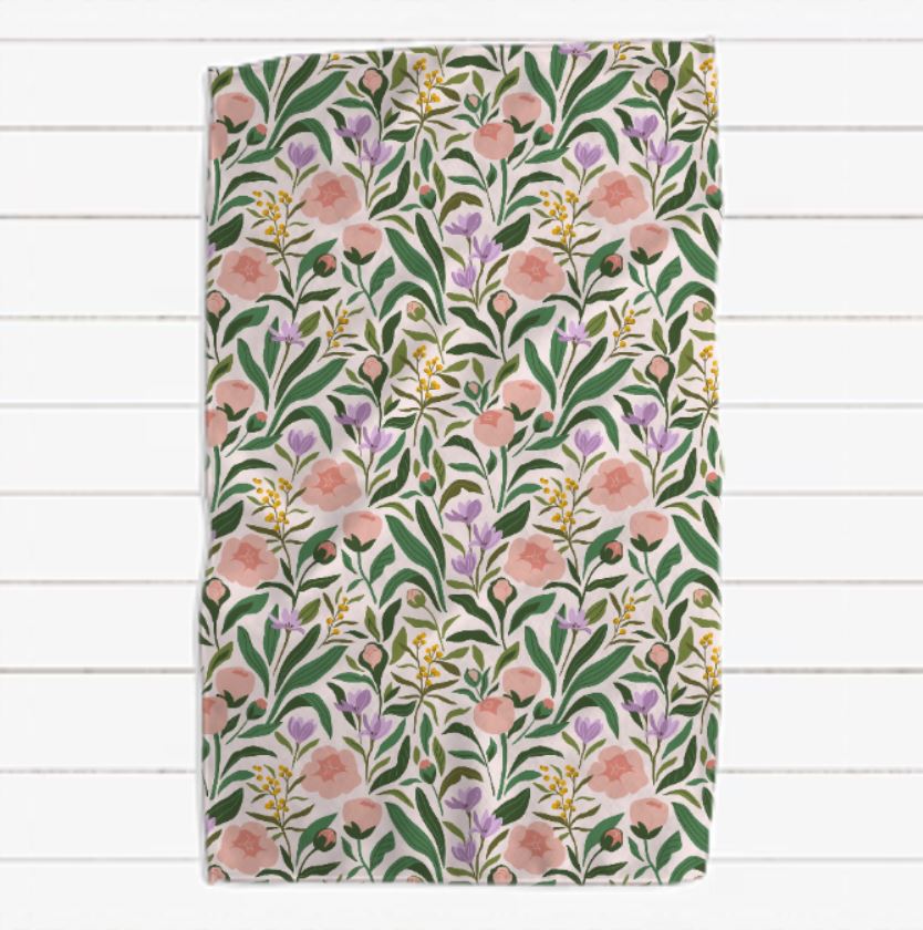 Green Pink and Purple Floral Waffle Towel