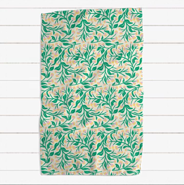 Green Yellow and Pink Vine Waffle Towel