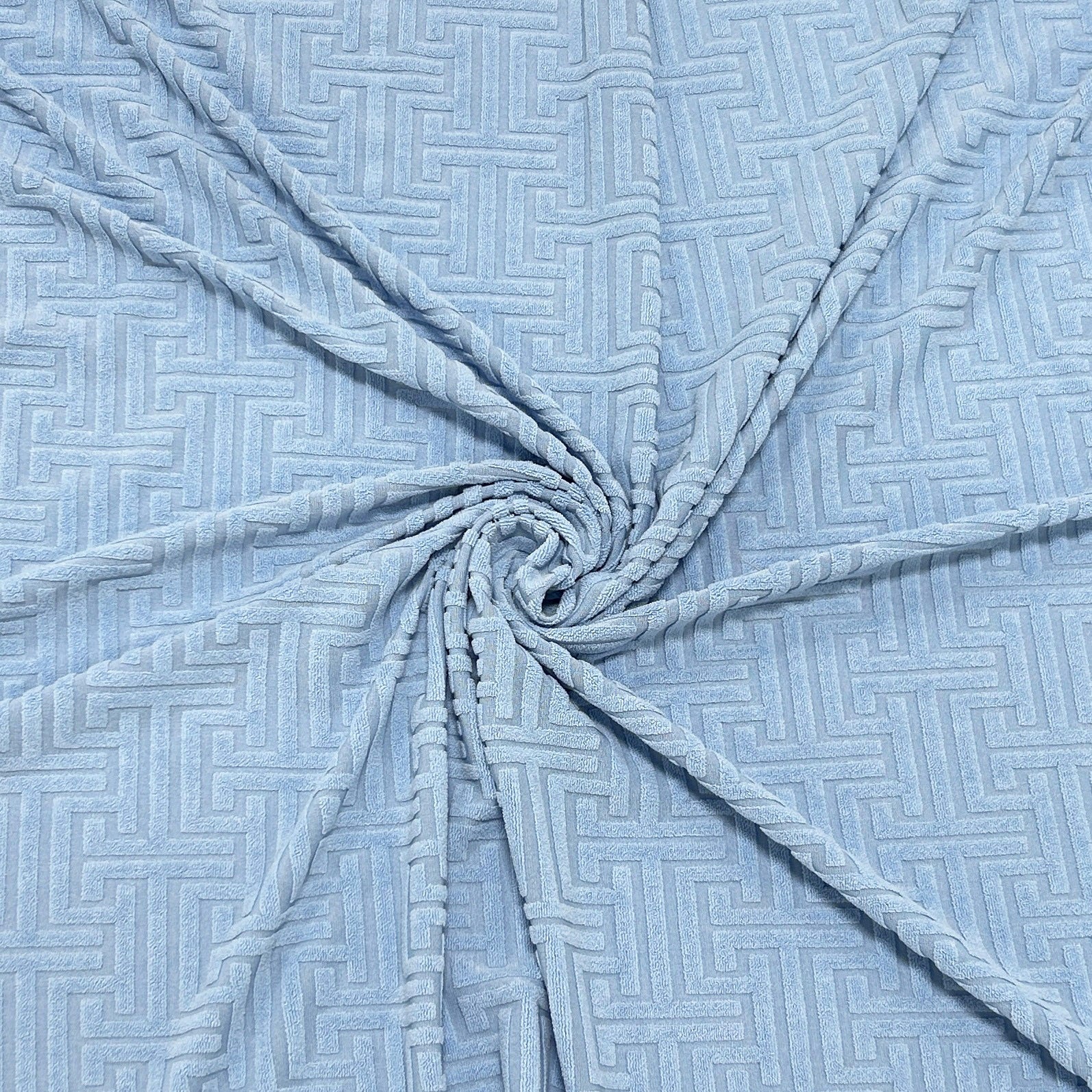 Solid Light Blue Greek Key Stretch Jacquard Loop Terry Fabric