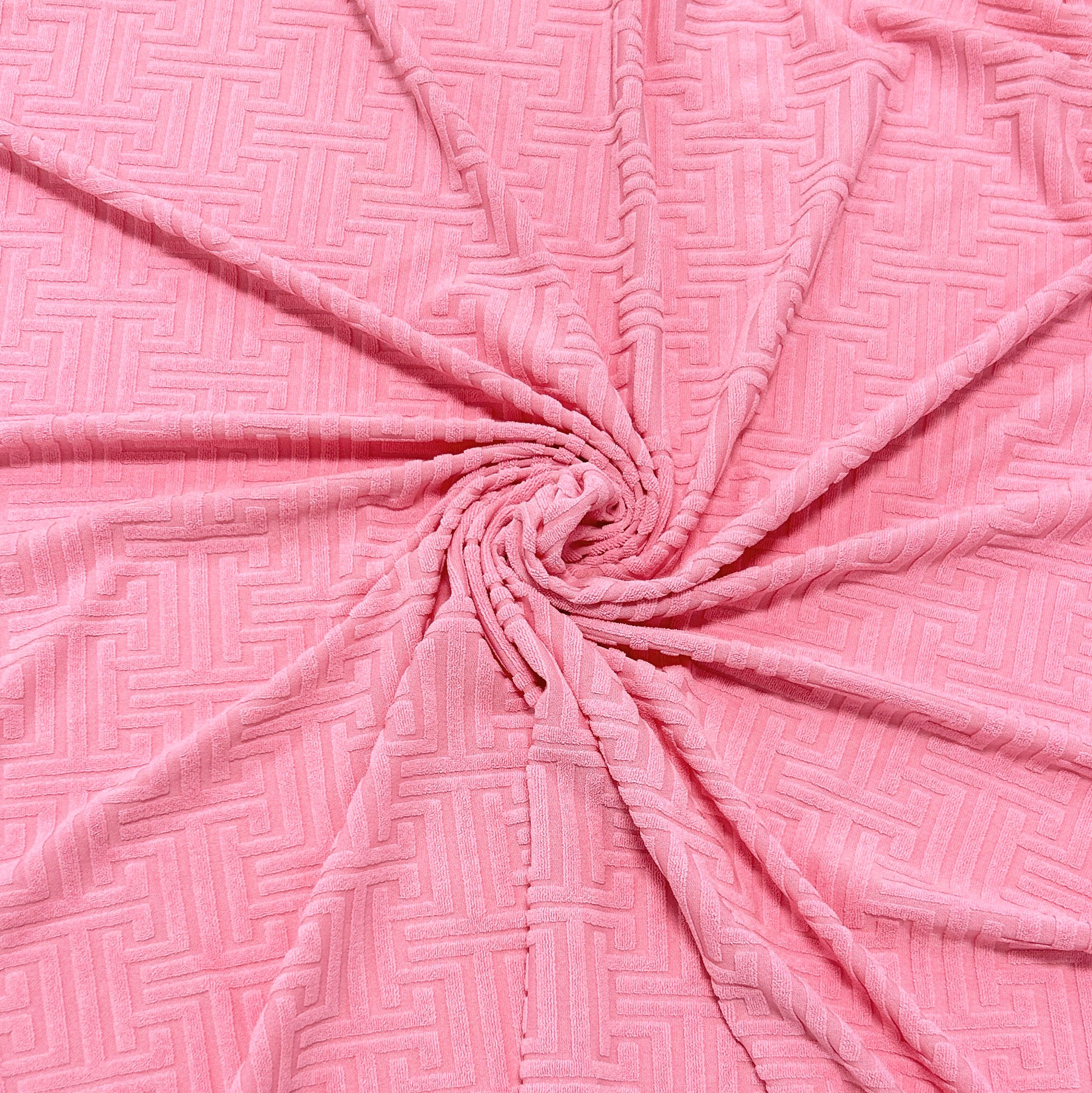 Solid Bubblegum Pink Greek Key Stretch Jacquard Loop Terry Fabric