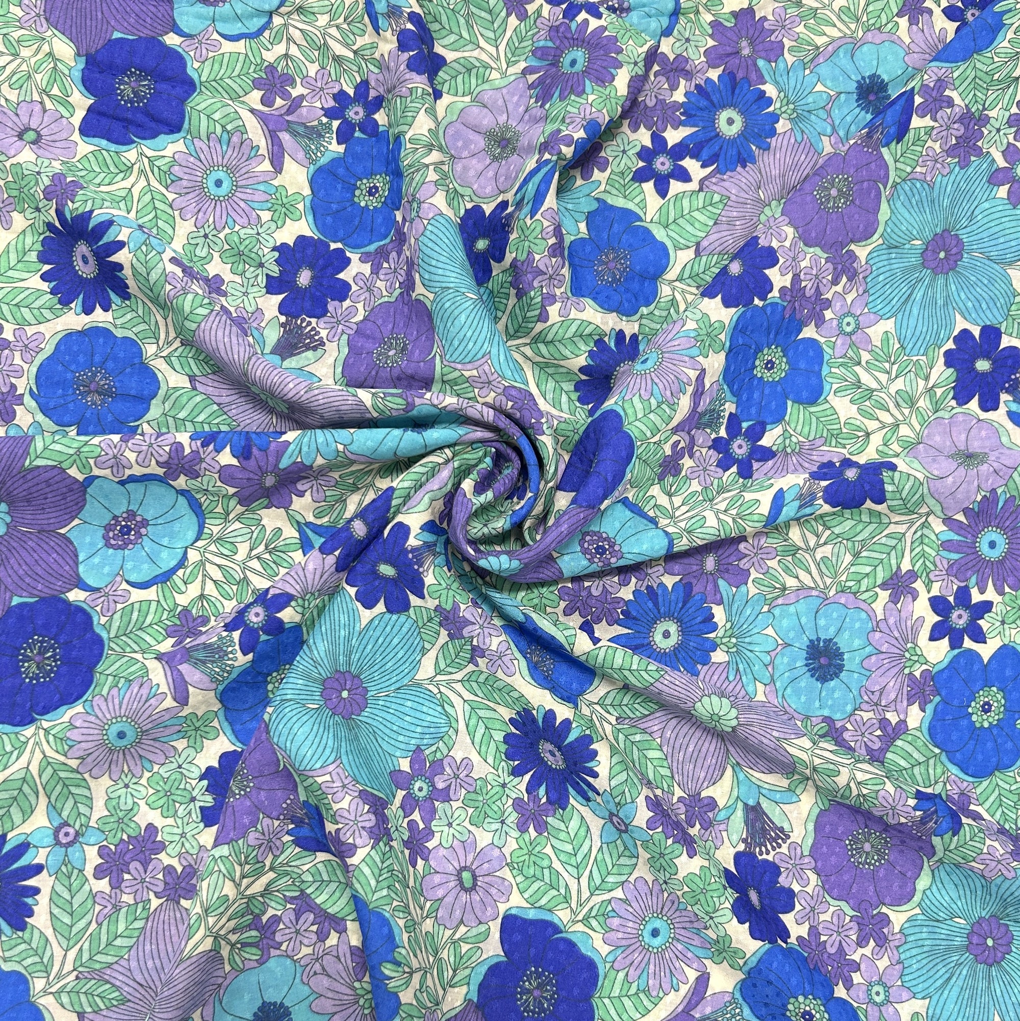 Purple Royal Blue Mint and Off White Retro Floral Rayon Lawn Jacquard