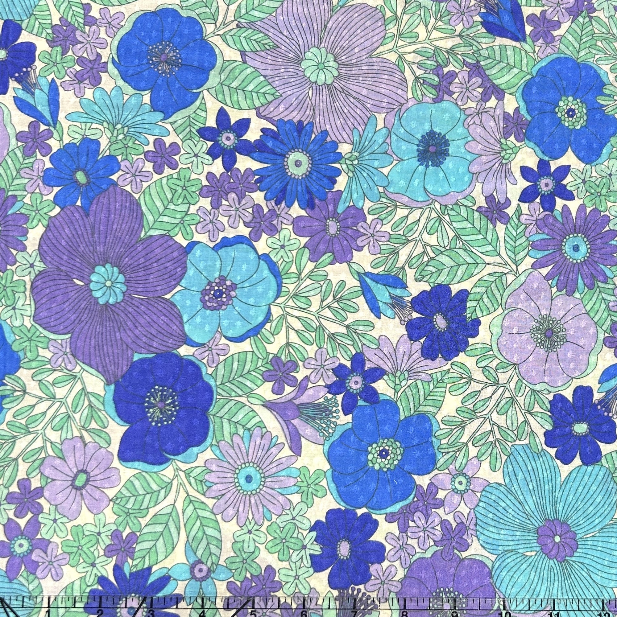 Purple Royal Blue Mint and Off White Retro Floral Rayon Lawn Jacquard