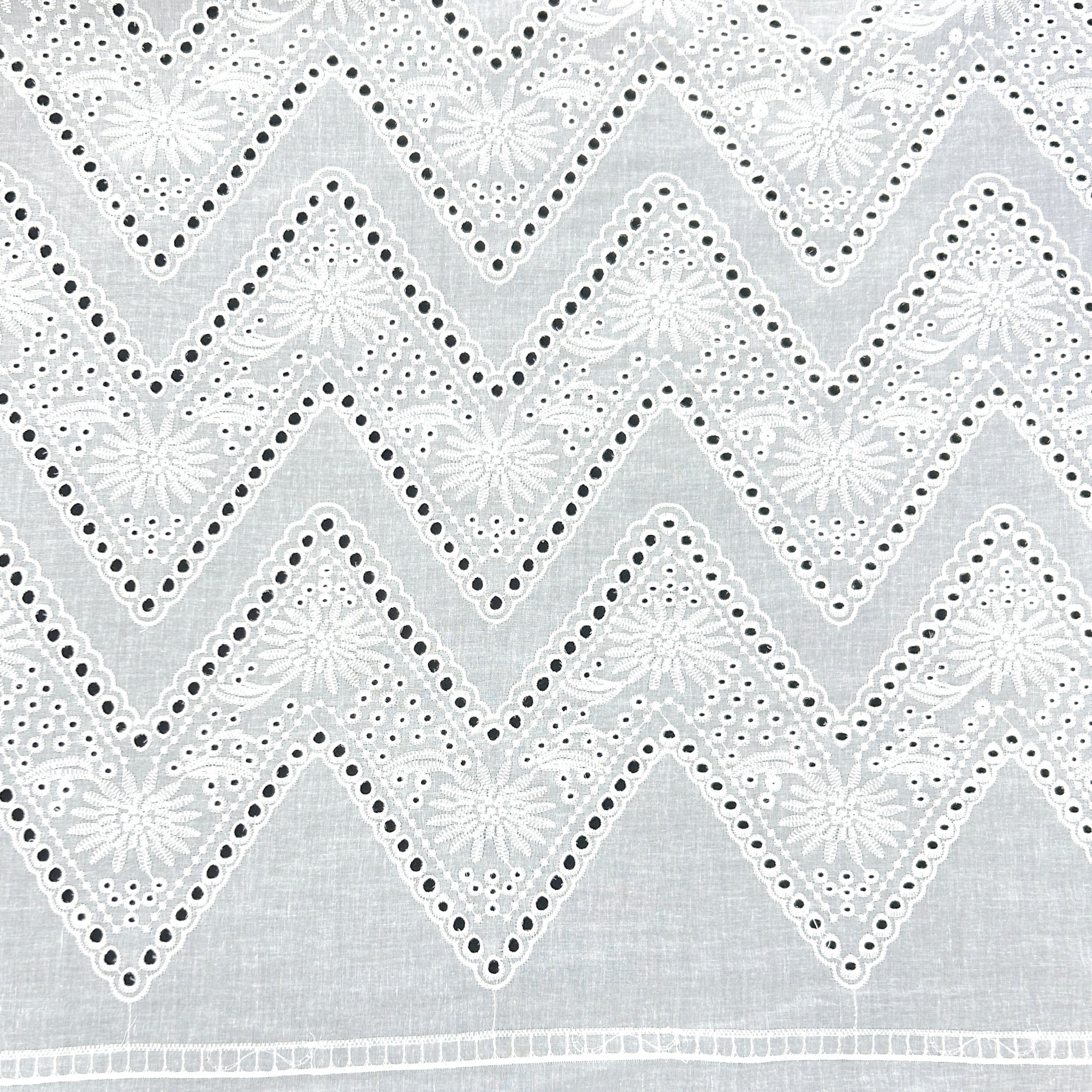 White Zigzag Stripe Border Edge Embroidered Eyelet, Woven 100% Cotton
