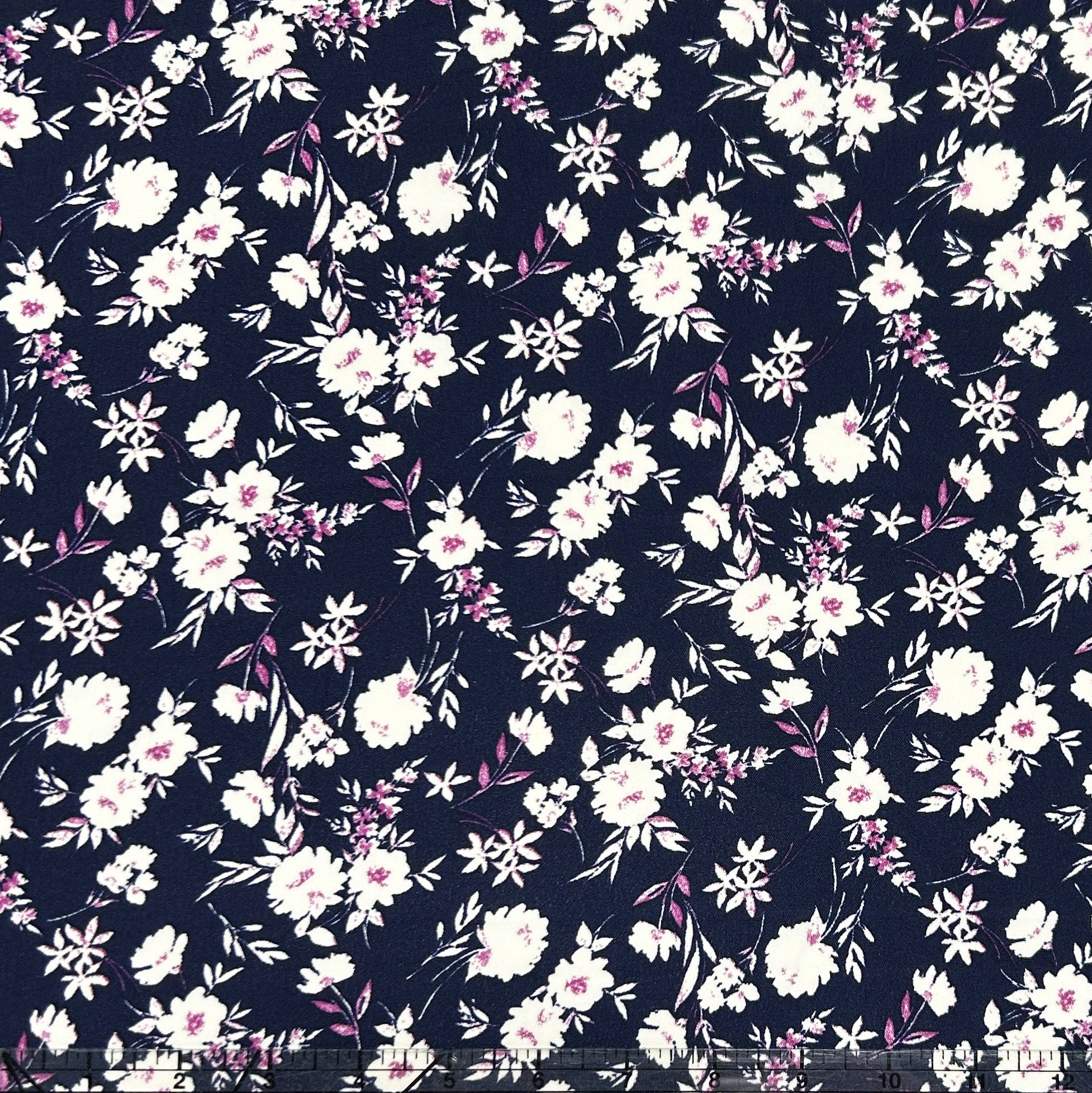Navy Blue Off White and Purple Silhouette Floral Air Flow Fabric