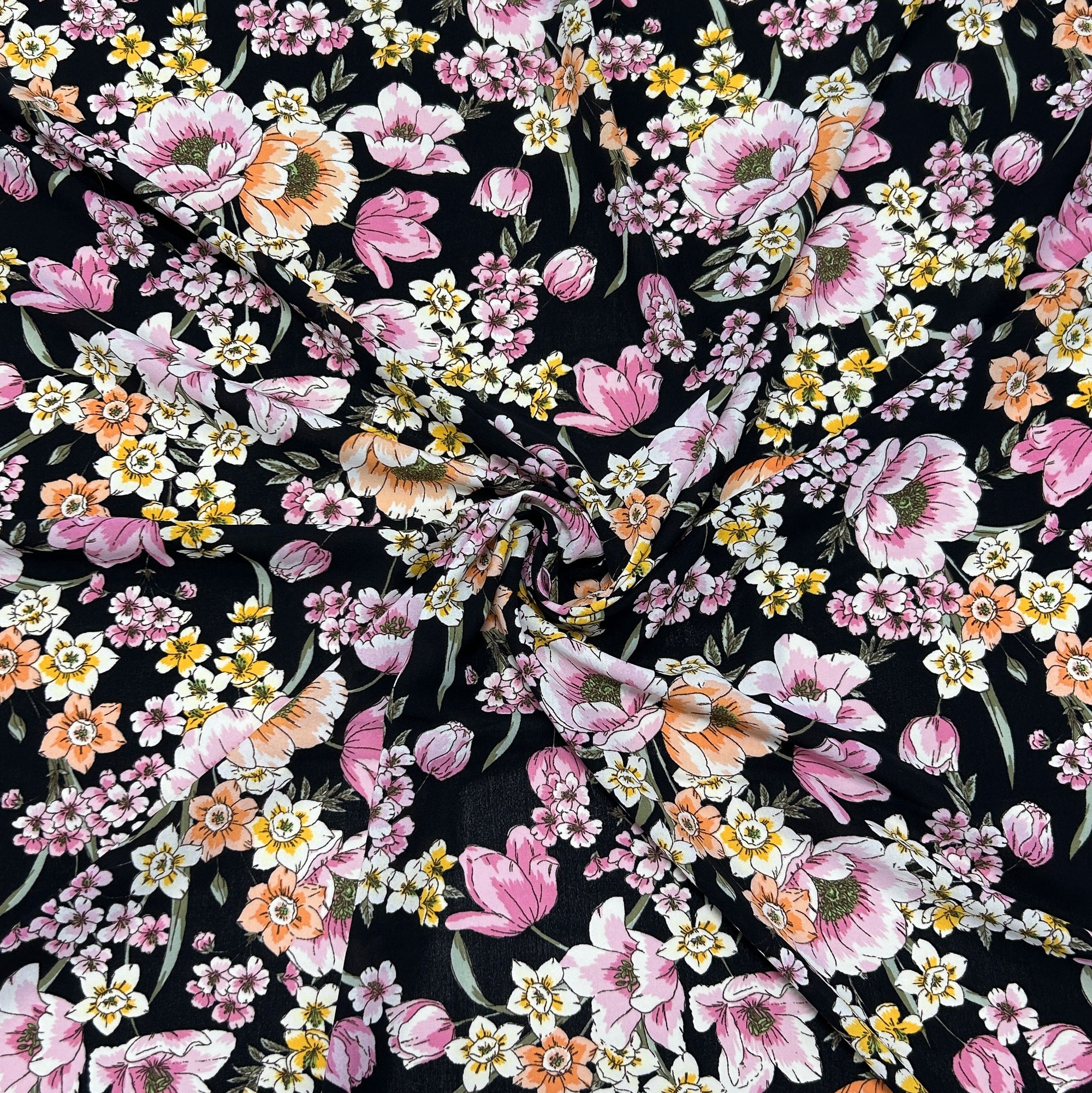 Black Light Magenta Green Yellow and Peach Floral Air Flow Fabric
