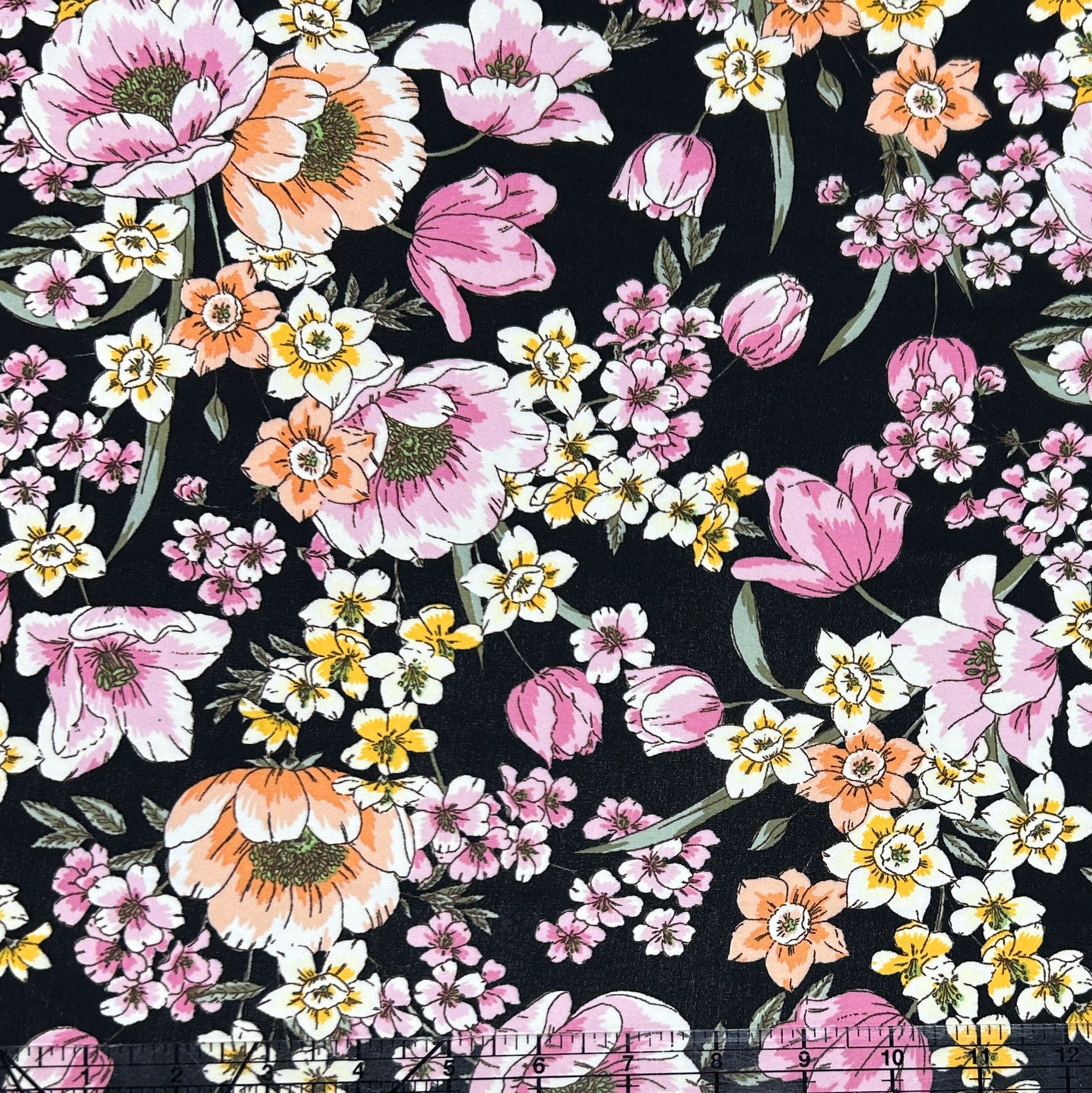 Black Light Magenta Green Yellow and Peach Floral Air Flow Fabric
