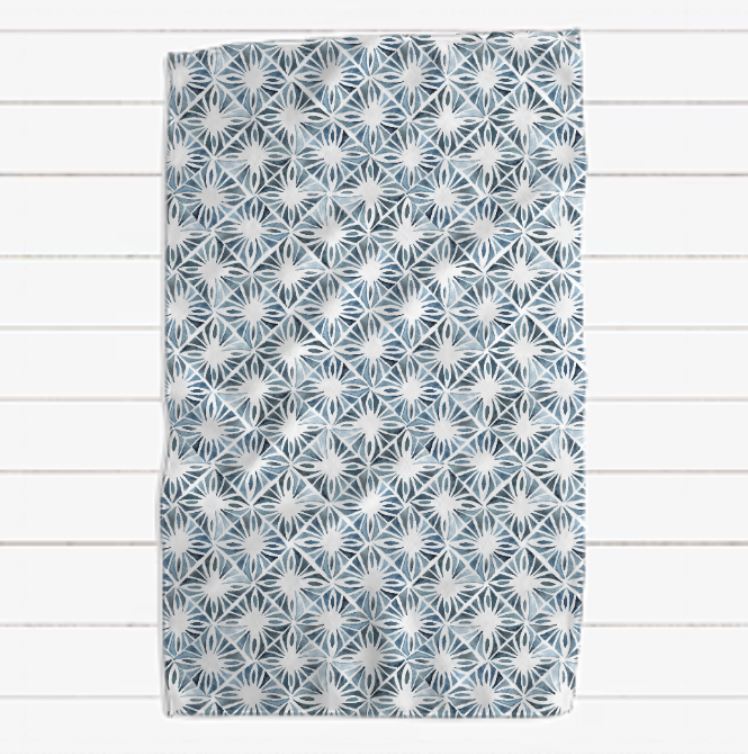 Tonal Indigo Blue Square Geometric Waffle Towel
