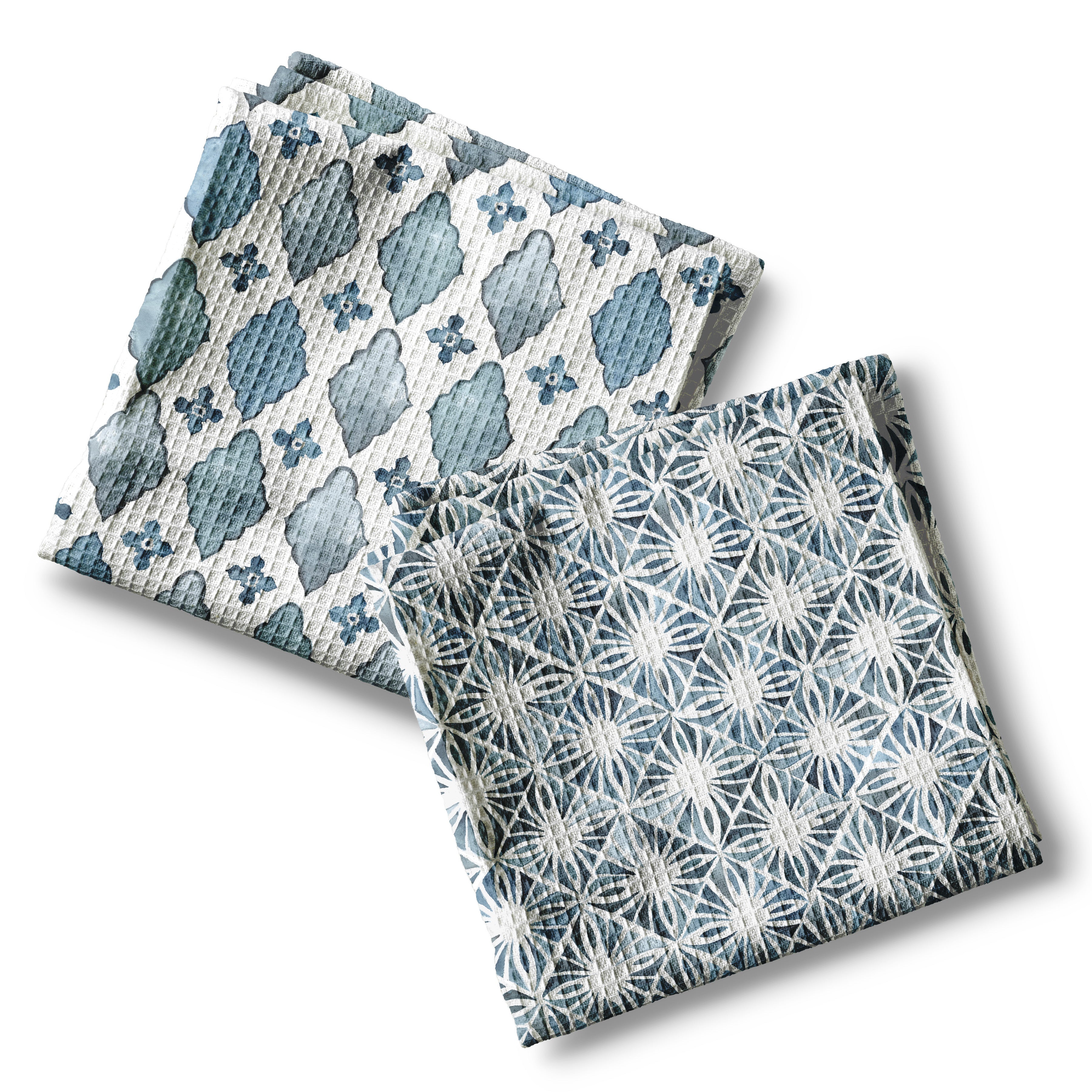 Tonal Indigo Blue Geometric Diamond Towels, Set of Two