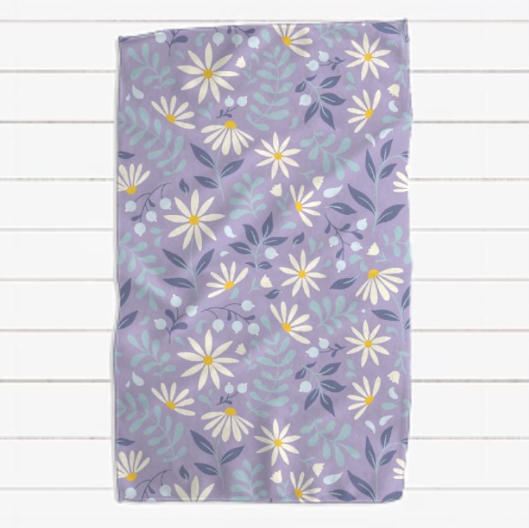 Lilac Yellow Mint and Dusty Blue Daisy Floral Plaid Towels, Set of Two