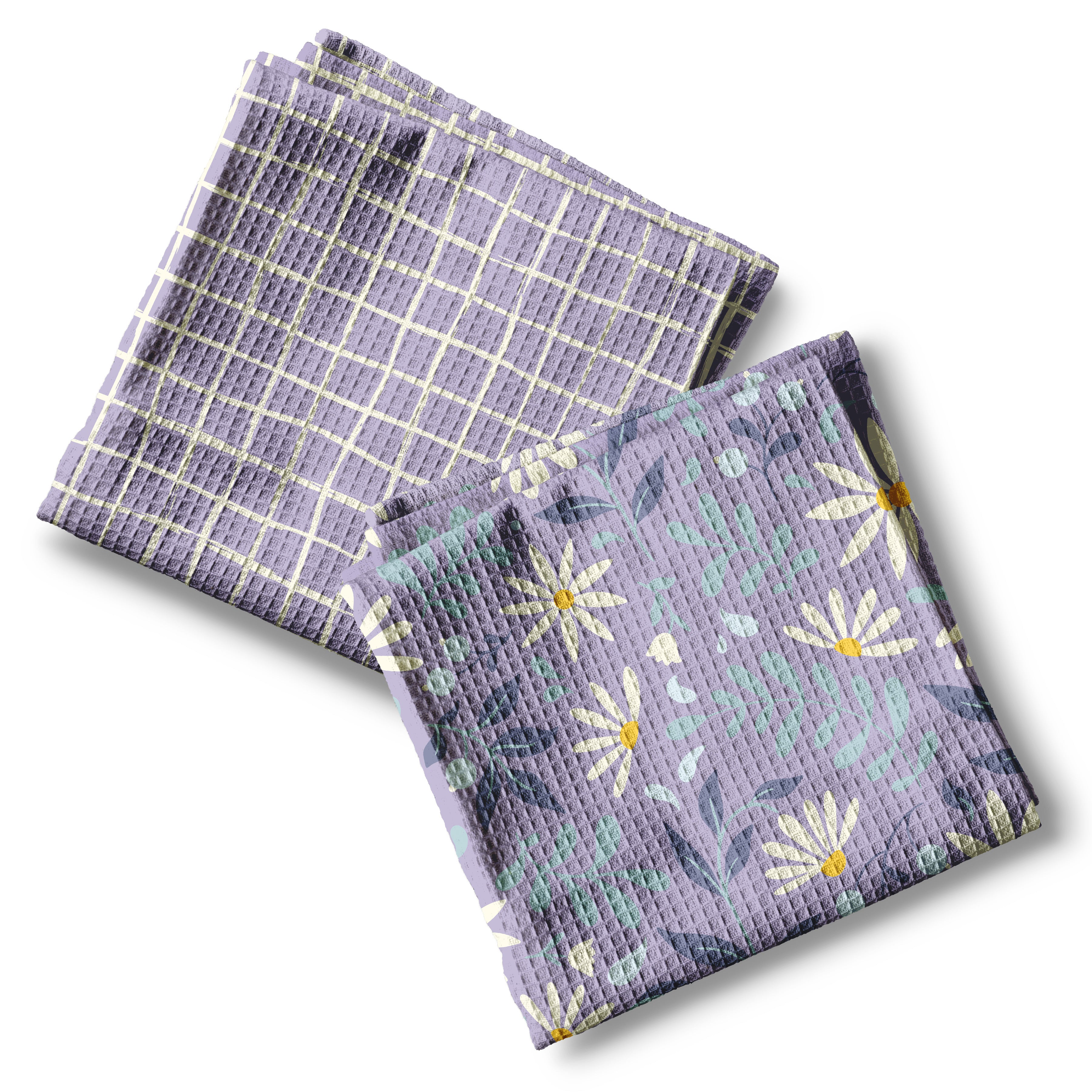 Lilac Yellow Mint and Dusty Blue Daisy Floral Plaid Towels, Set of Two