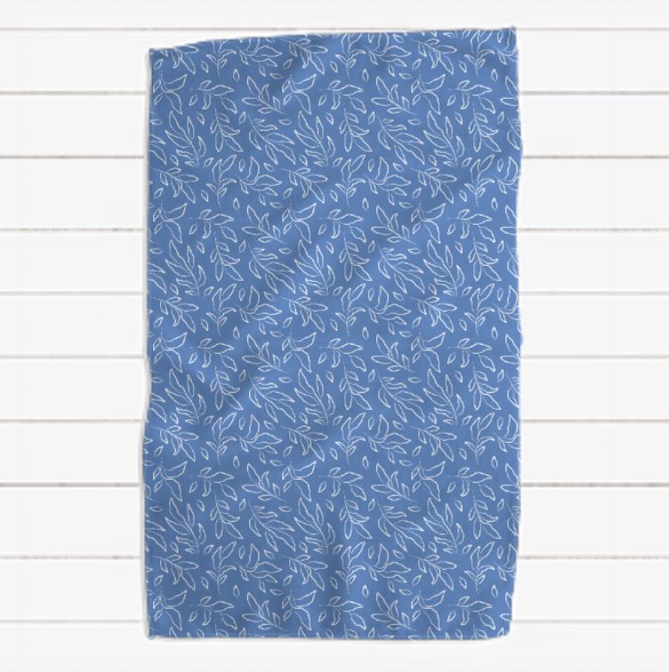 Deep Periwinkle and White Line Drawn Leaves Waffle Towel