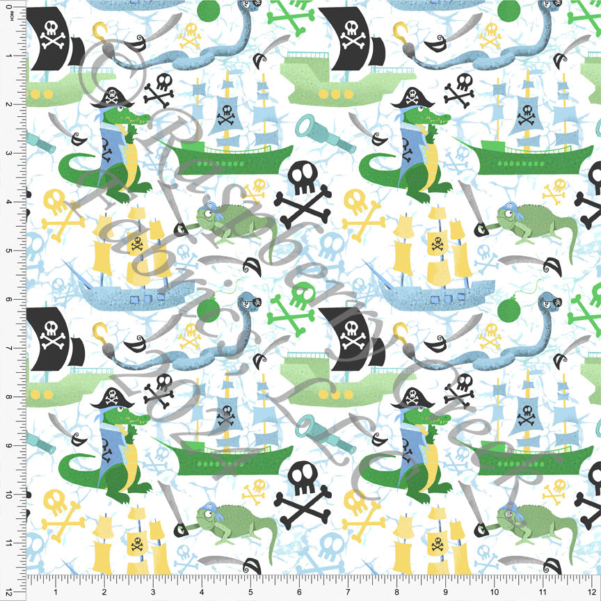 Light Green Light Blue Yellow and Charcoal Reptile Pirate Print Fabric, Reptile Pirates by Elise Peterson for CLUB Fabrics
