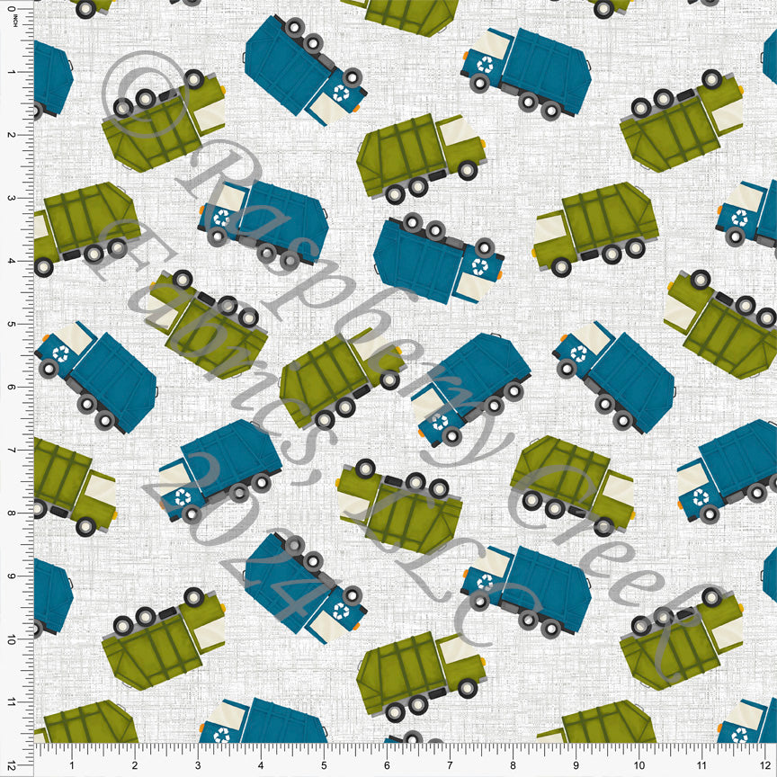 Grey Azure Blue and Deep Lime Garbage Truck Print Fabric, Scandi Cars by Brittney Laidlaw for CLUB Fabrics