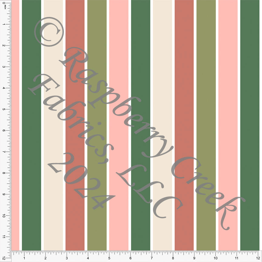 Dusty Olive Blossom Deep Mauve and Cream Vertical Stripe Print Fabric, Summer Blossom by Brittney Laidlaw for Club Fabrics