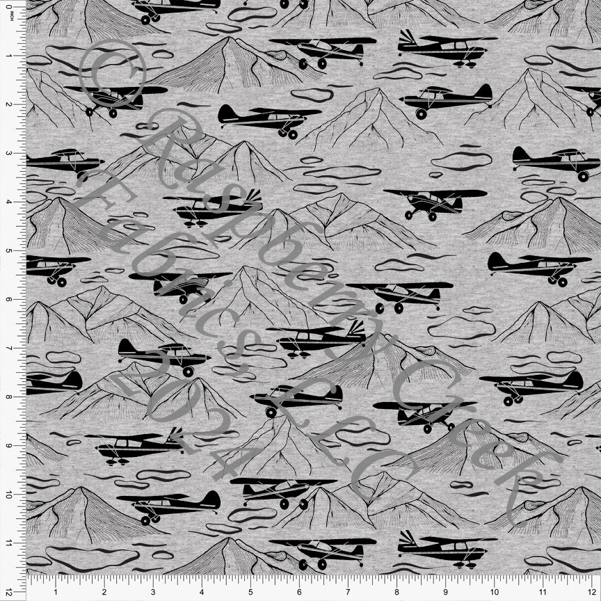 Tonal Black and Grey Airplane Mountain Print on Grey Fabric, Take Flight by Kelsey Shaw for CLUB Fabrics