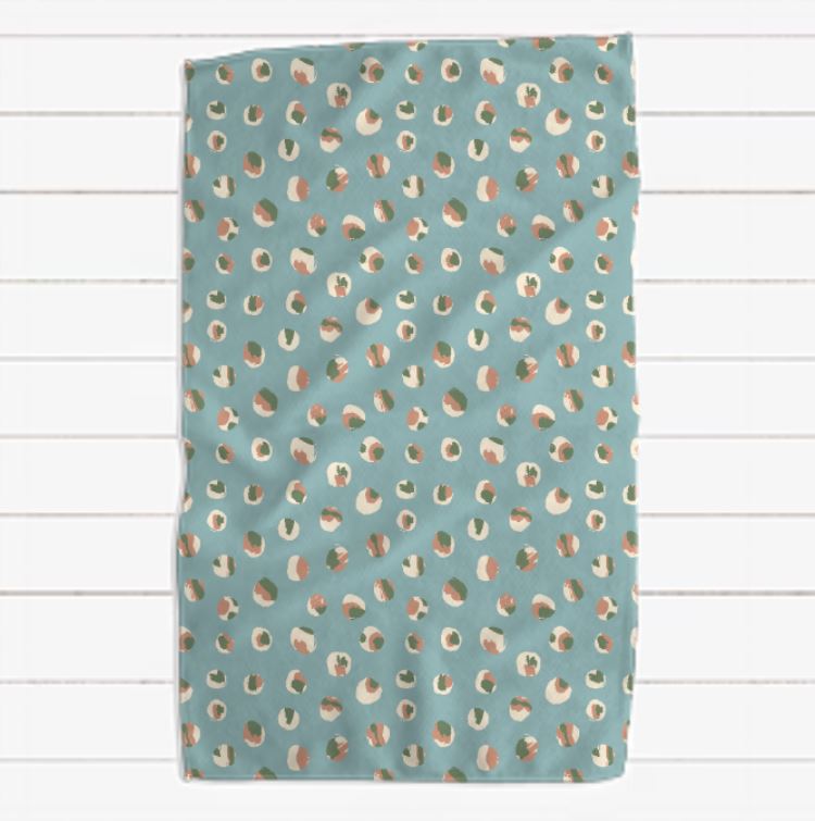 Khaki Dusty Blue Olive and Rust Abstract Painted Dot Waffle Towel