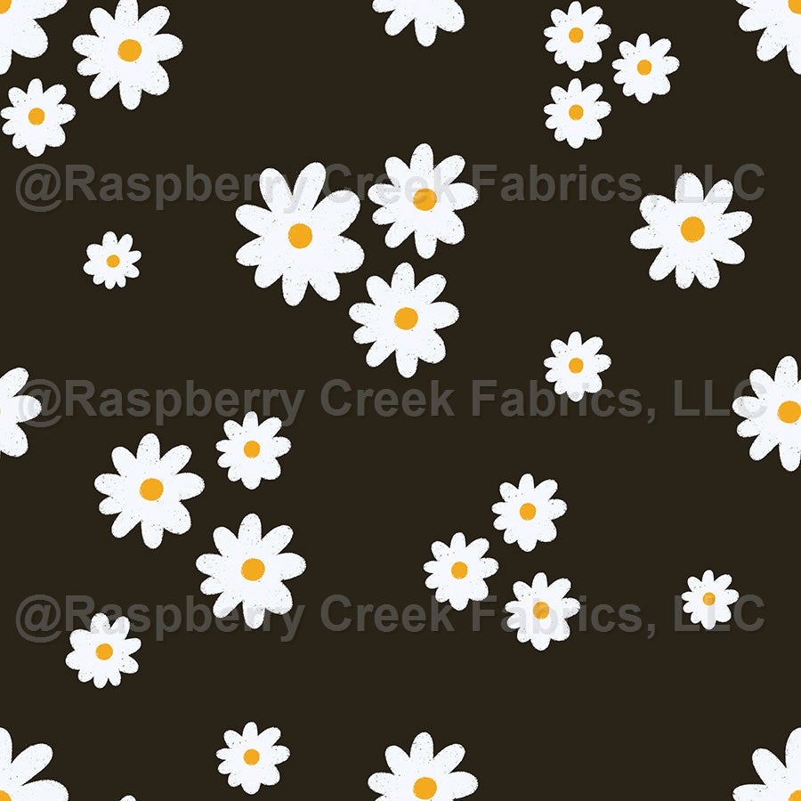Ditsy Daisies on Black Fabric, Raspberry Creek Fabrics, watermarked