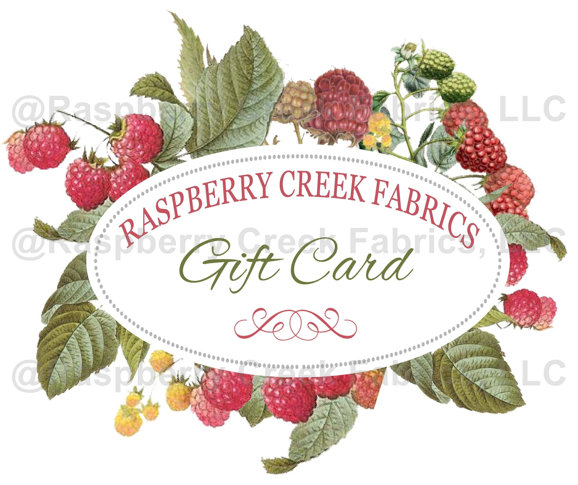 Raspberry Creek Fabrics Gift Card Fabric, Raspberry Creek Fabrics, watermarked