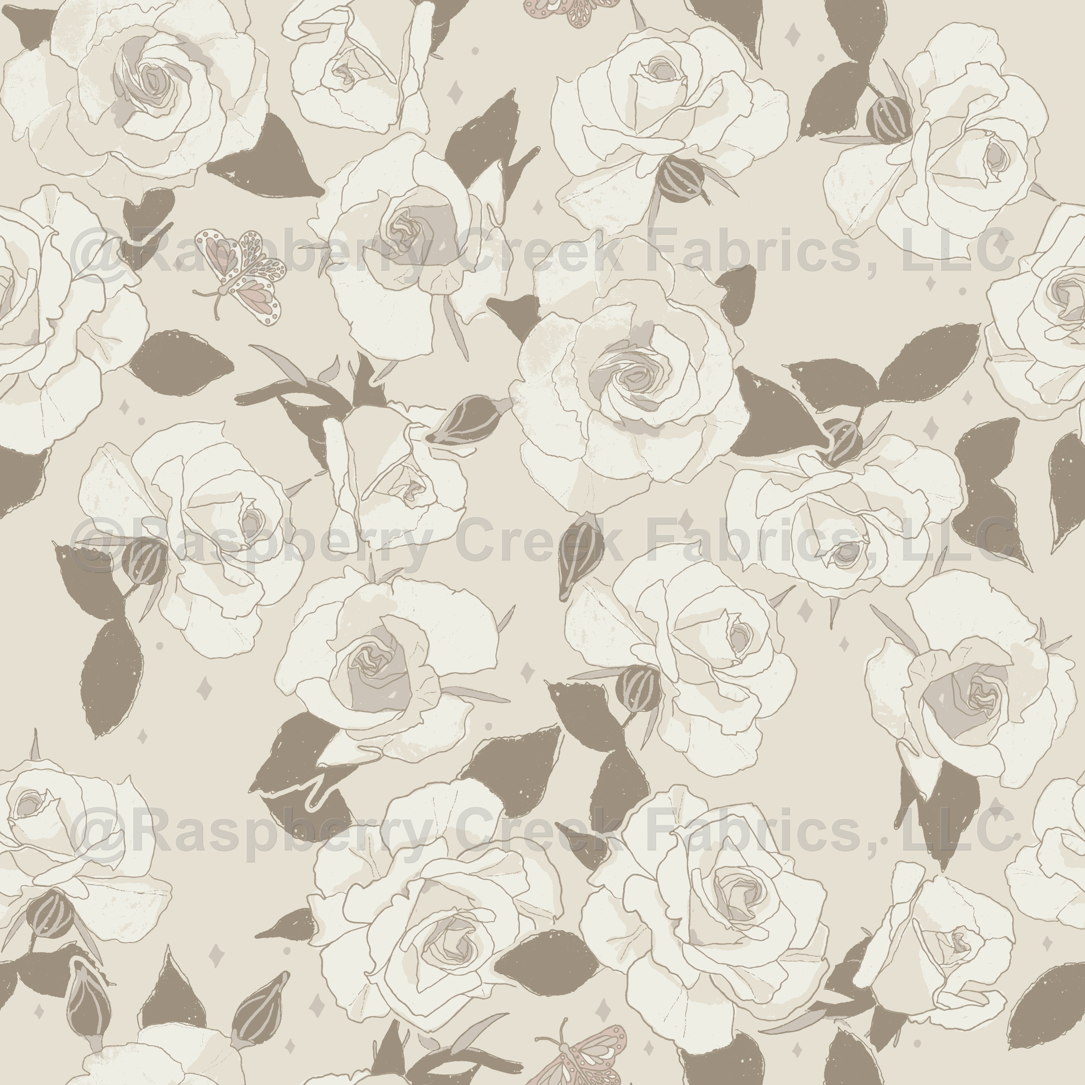 Garden Roses w/butterflies Wallpaper - Greige Wallpaper, Raspberry Creek Fabrics, watermarked