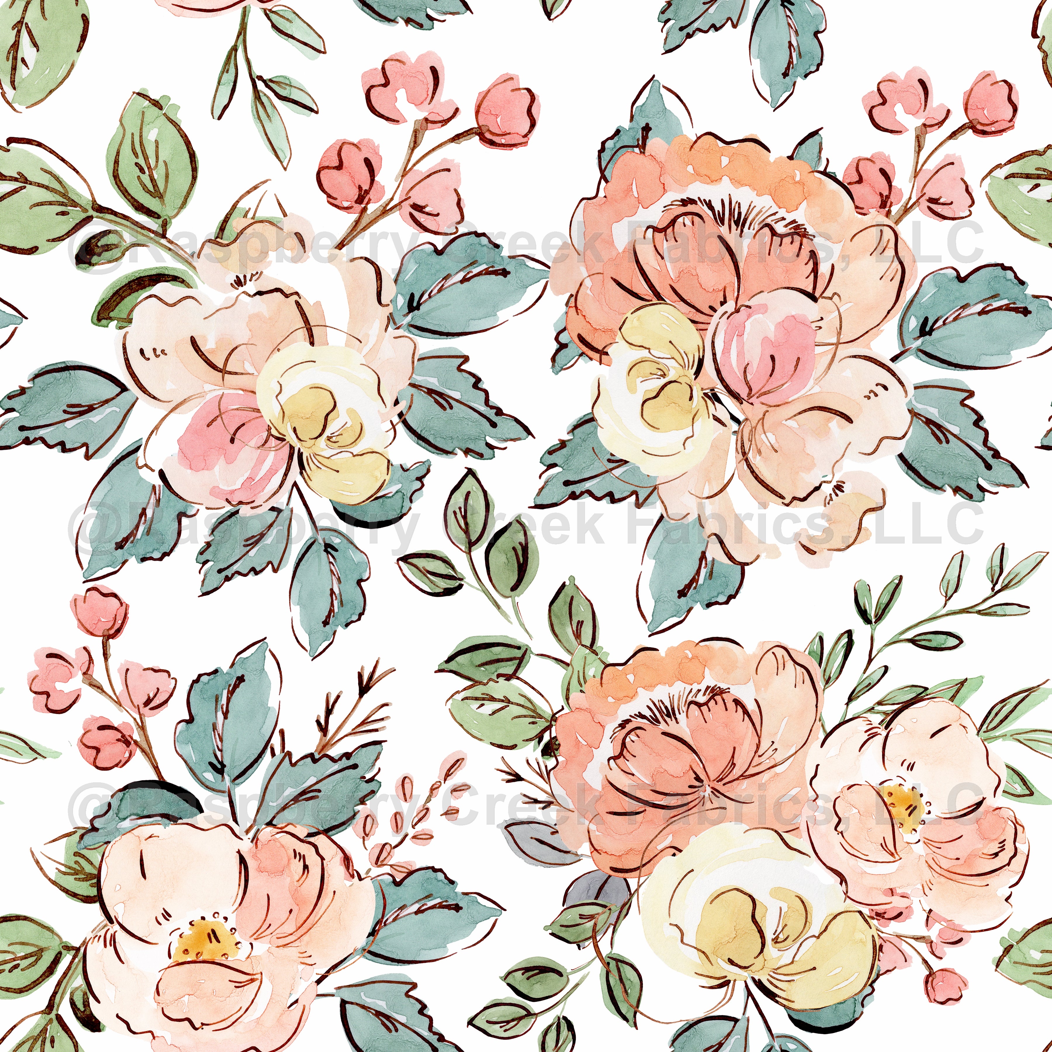 Sketchy Florals Fabric, Raspberry Creek Fabrics, watermarked