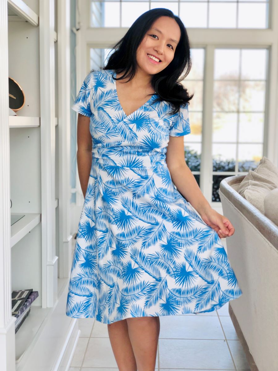 Love Notions Willow Wrap Dress in Azure Tropical Leaf Print by Chloe of No Idle Hands