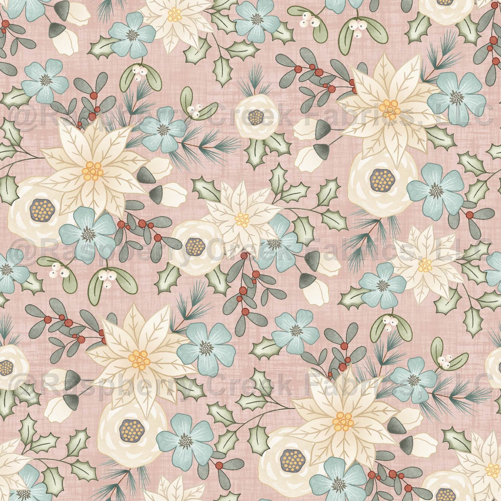 Feeling Jolly Winter Floral Pink Fabric, Raspberry Creek Fabrics