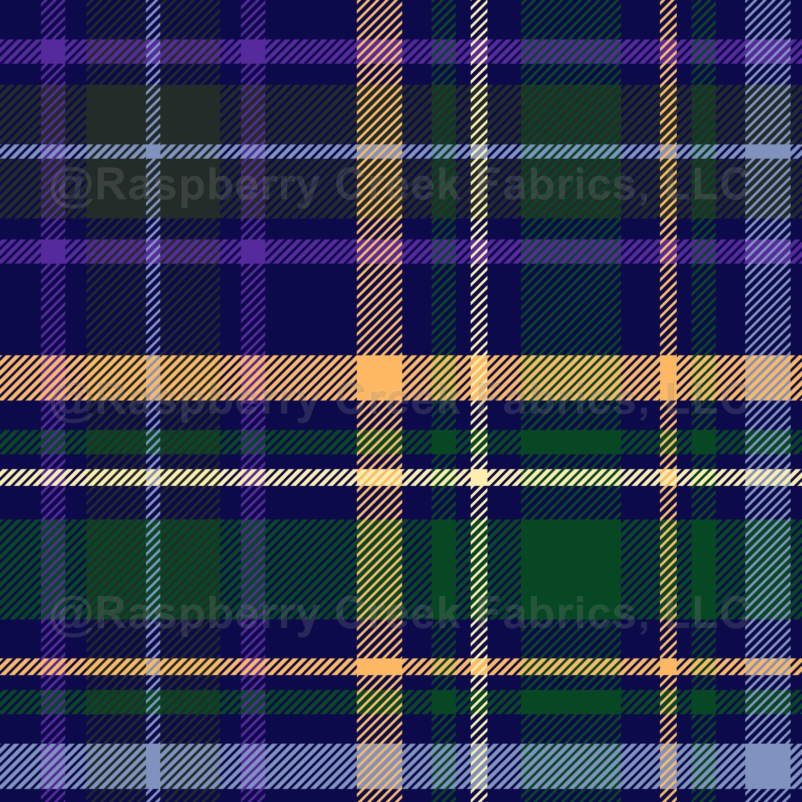 Large dark welsh style tartan. The colors depict the overall vibe of Wales: woods, meadows, sky, waters, bluebells, daffodils and the red dragon. Thick orange and thinner orange and yellow stripes, base colors in blue and green.