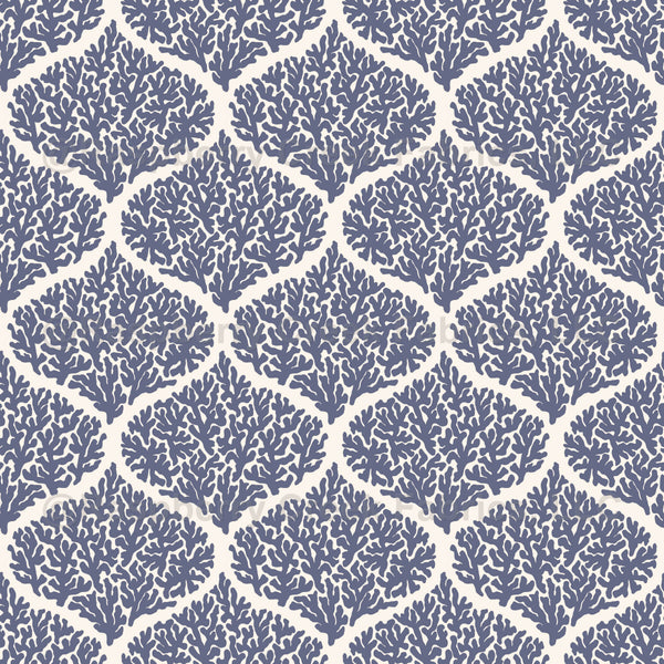 Coral Reef Damask {Heron Blue // Off White} Ogee Sea Fan, Large Scale ...