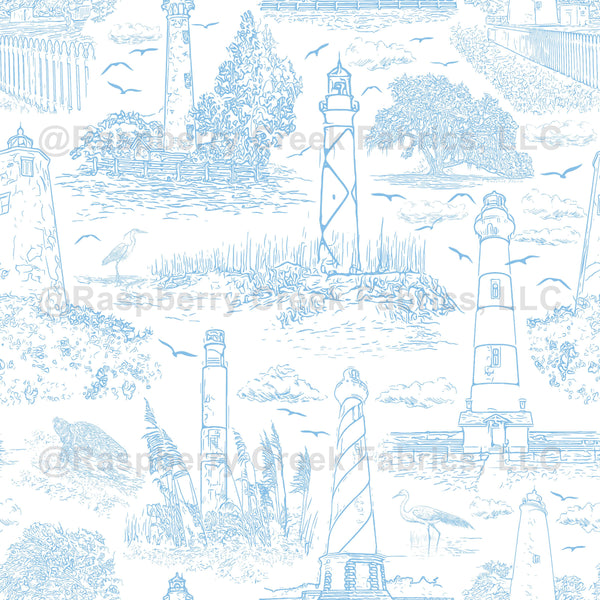 Lighthouse Nautical Ocean Blue Toile de Jouy - Raspberry Creek Fabrics