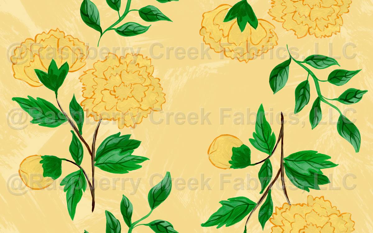 Hand painted gouache yellow carnations on a textured brush strokes background - neutral yellow