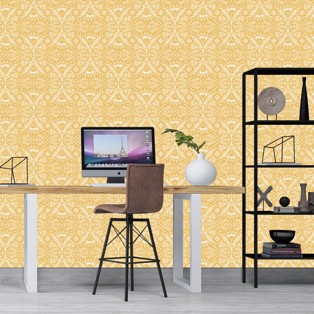 Farmhouse Country Ginger Yellow with White Floral Doodles Wallpaper