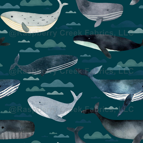 Life at sea - Whales over blue - Raspberry Creek Fabrics