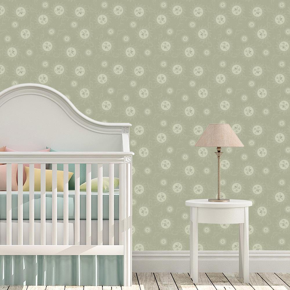 light green nursery wallpaper, retro suns and clouds, sleepy sun on a dusty sage green background with linen texture look