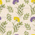 Little purple and yellow flowers and lots of leaf branches on a light cream-beige color background Image