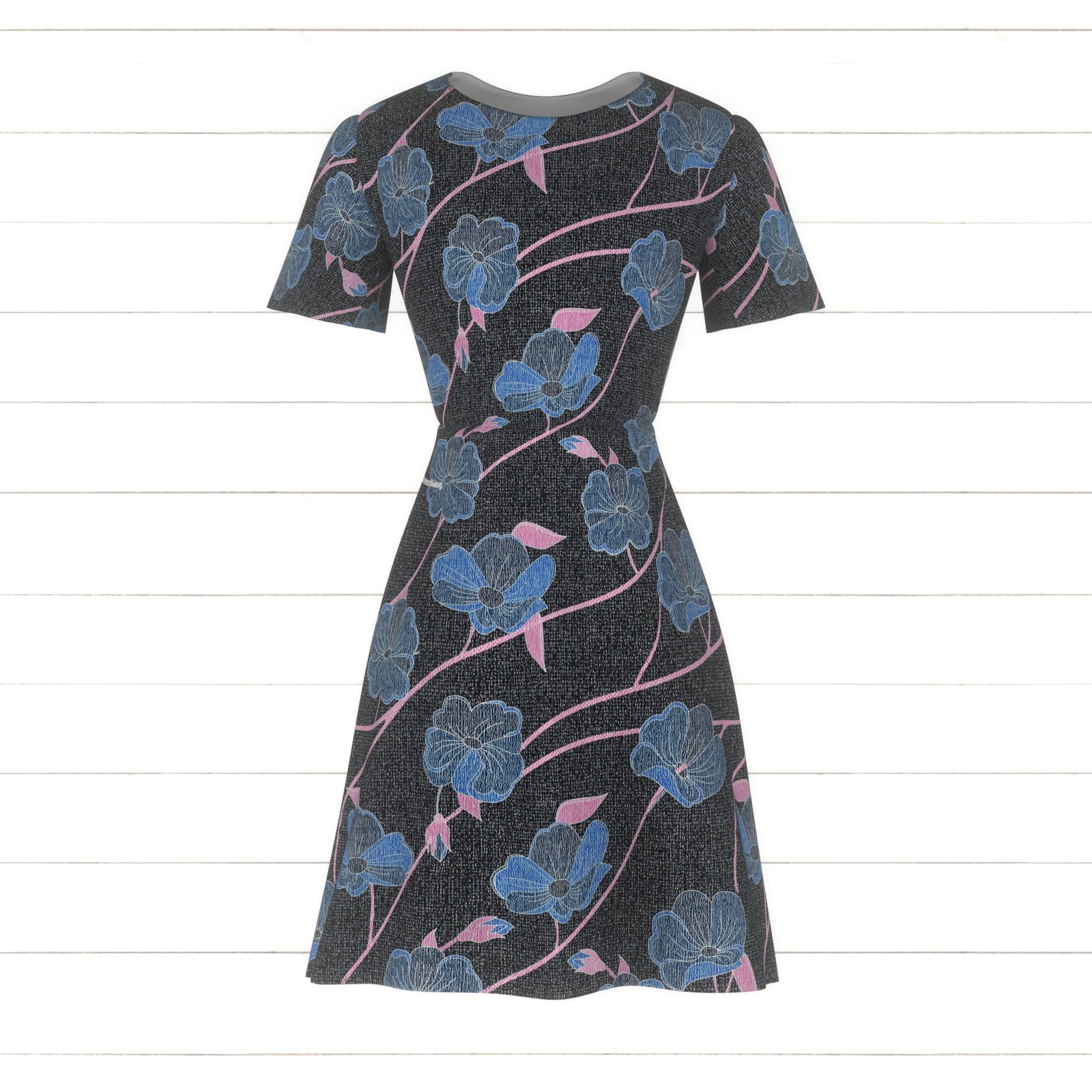 Morning Glory Flowers on Muslin Look Dark Blue Fabric