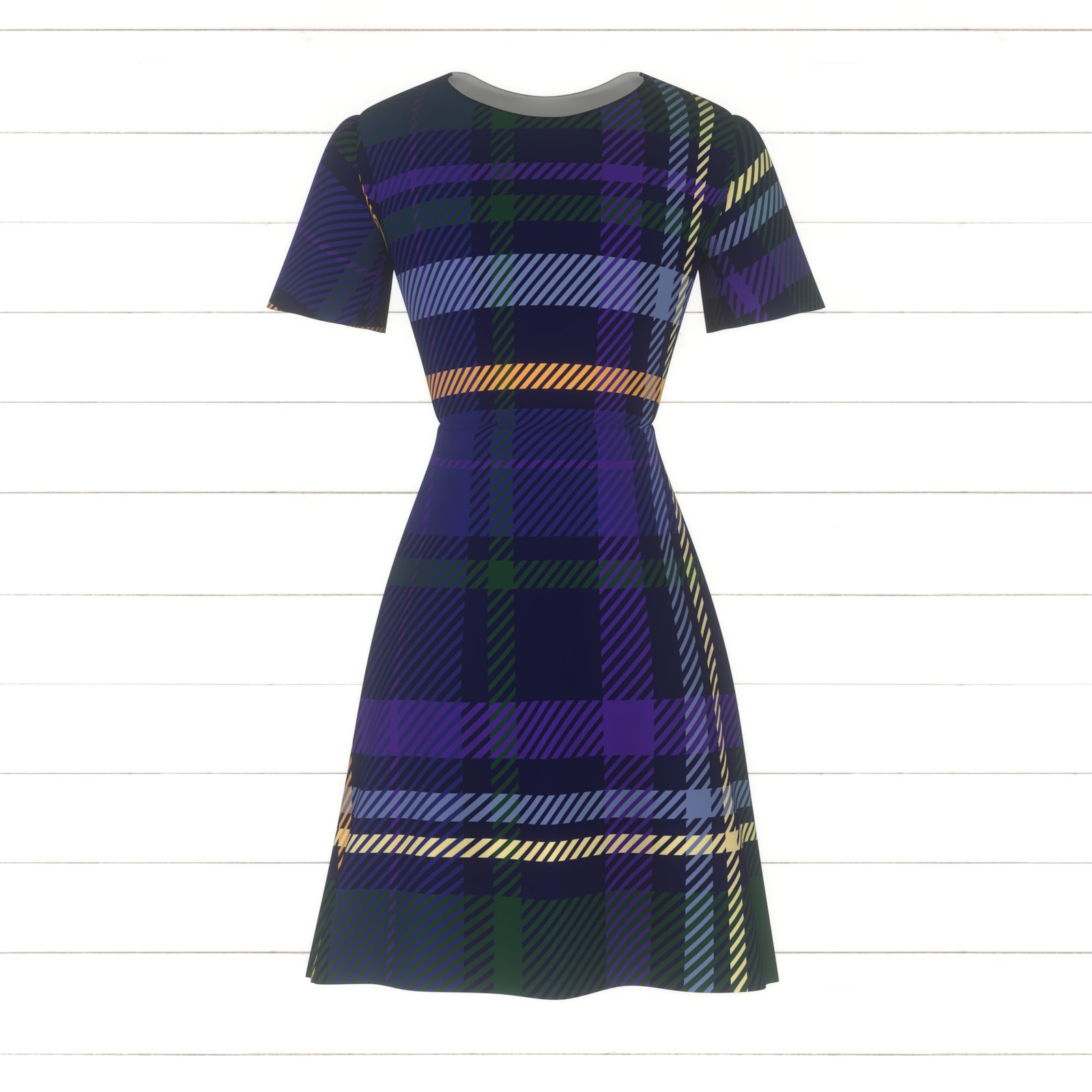 Large dark welsh style tartan. The colors depict the overall vibe of Wales: woods, meadows, sky, waters, bluebells, daffodils. Thinner yellow, orange and light blue stripes, base colors in blue and green.