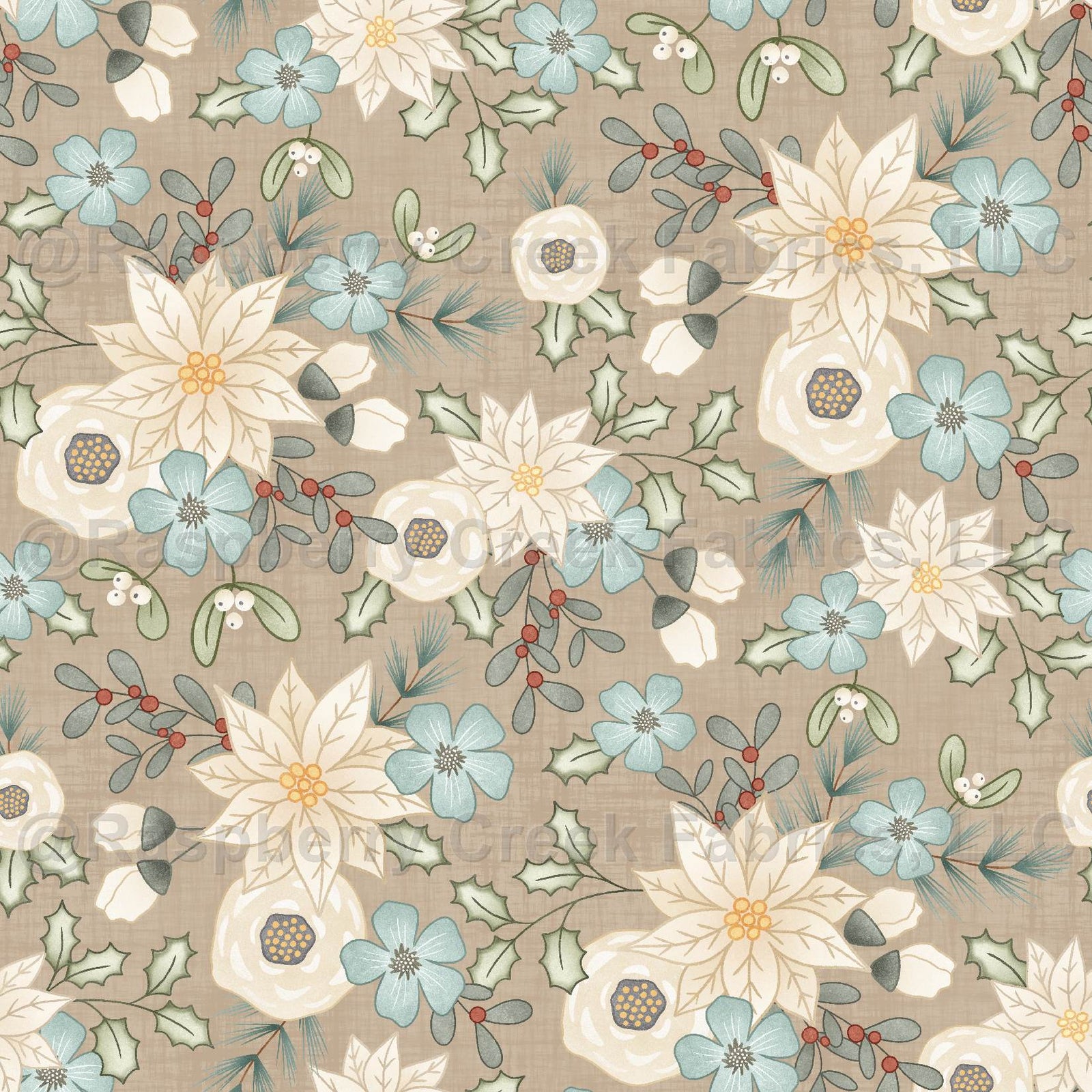 Feeling Jolly Winter Floral Tan Fabric, Raspberry Creek Fabrics