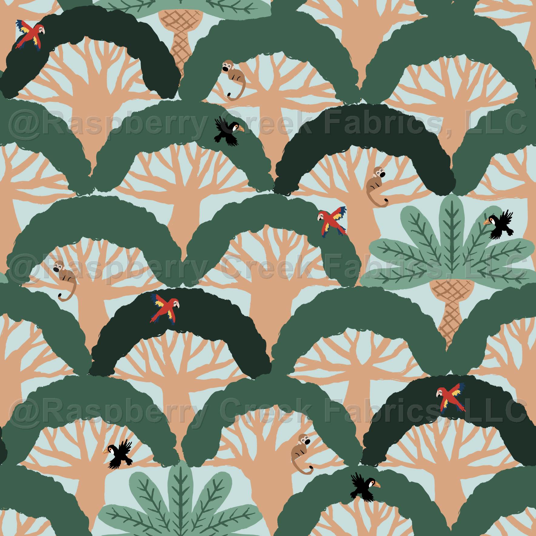 Cool Rainforest Canopy Scallop Palm Trees and Banyan Trees With Animals watermarked