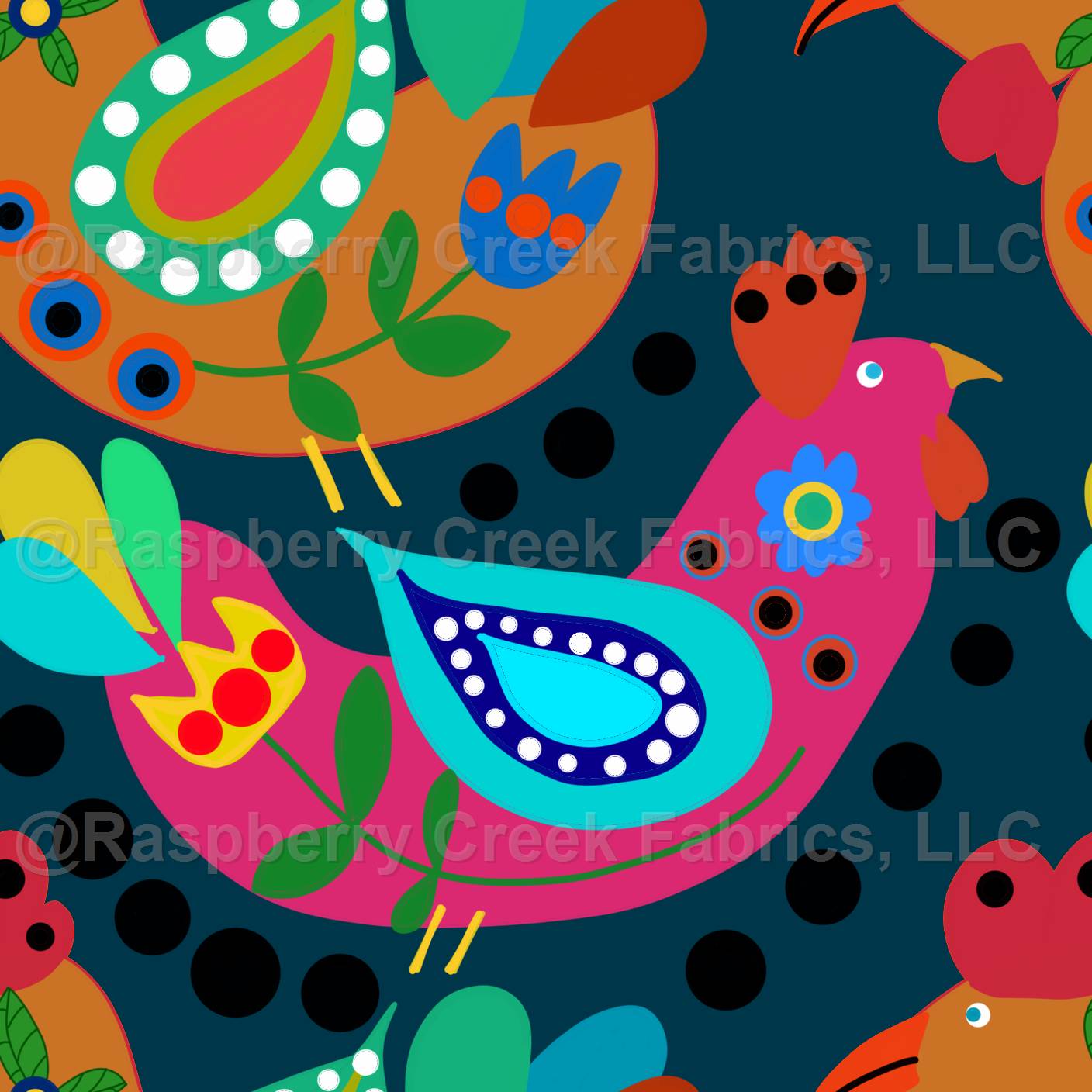 Chicken Folk, Fiesta Cluckers, Colorful Birds Pattern, Dark Teal Background
