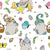 Easter gnomes, chickens, eggs, butterflies, flowers and leaves on white background. Spring design. Image