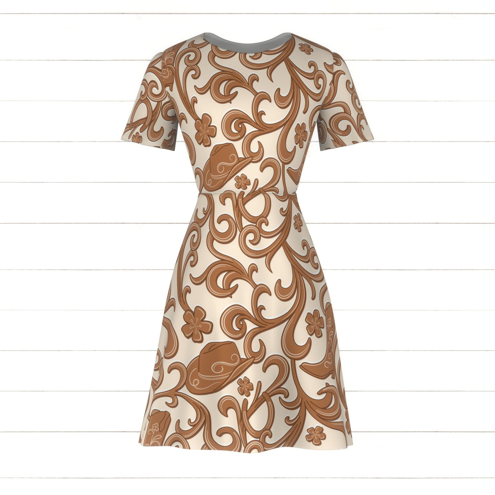 Tooled Leather Scroll with Boots and Hats - Brown on tan
