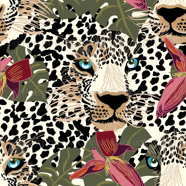 Leopard hiding in the tropical forest and bold flowers on off white ba ...