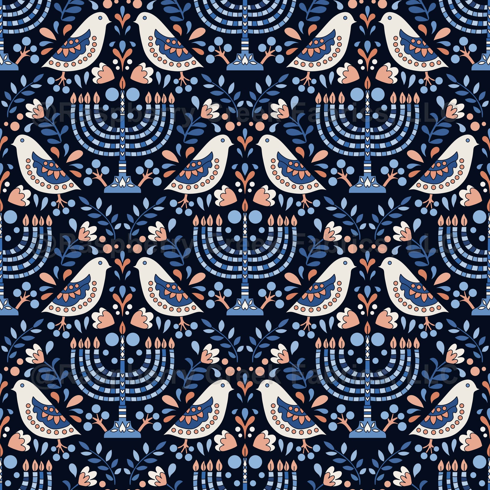 Hanukkah Menorah Folk Birds on Navy Blue