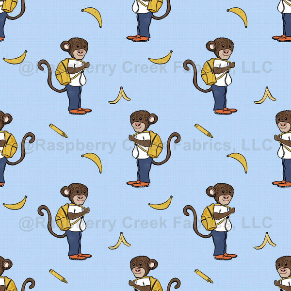 Max, monkey, chimpanzee, kids, school, whimsical, blue, yellow, banana ...
