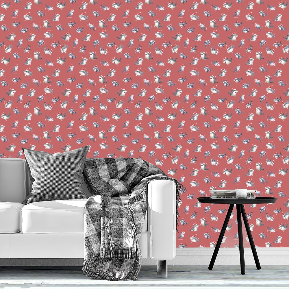 Tossed Christmas Sharks on Faded Red